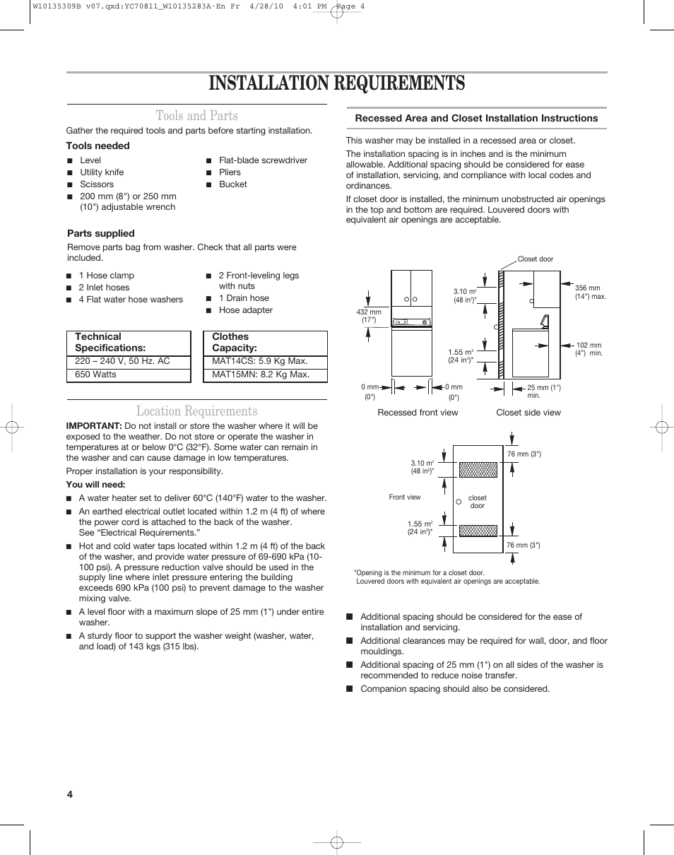 Installation requirements, Location requirements, Tools and parts | Maytag MAT14CS User Manual | Page 4 / 32