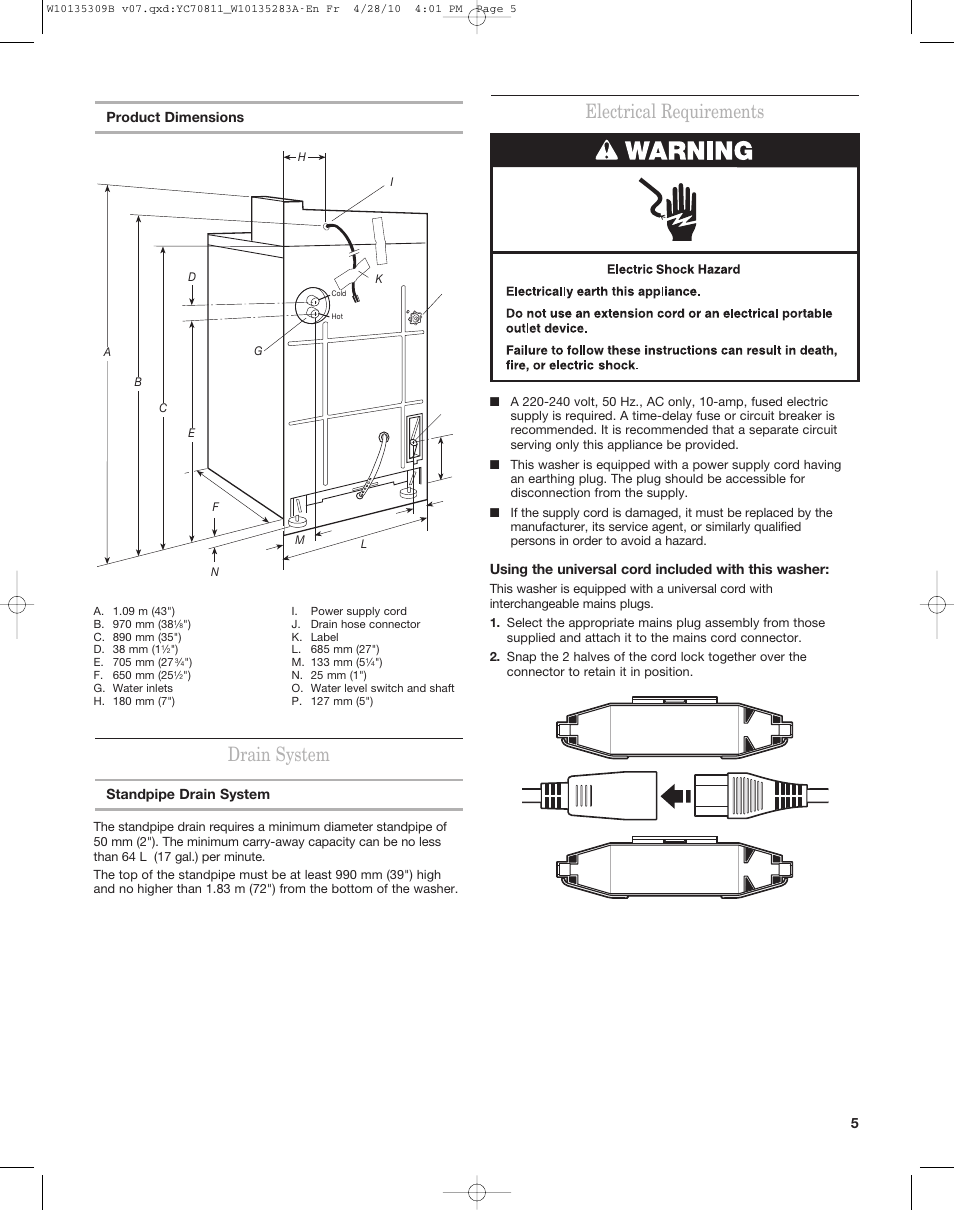 Drain system, Electrical requirements | Maytag MAT14CS User Manual | Page 5 / 32