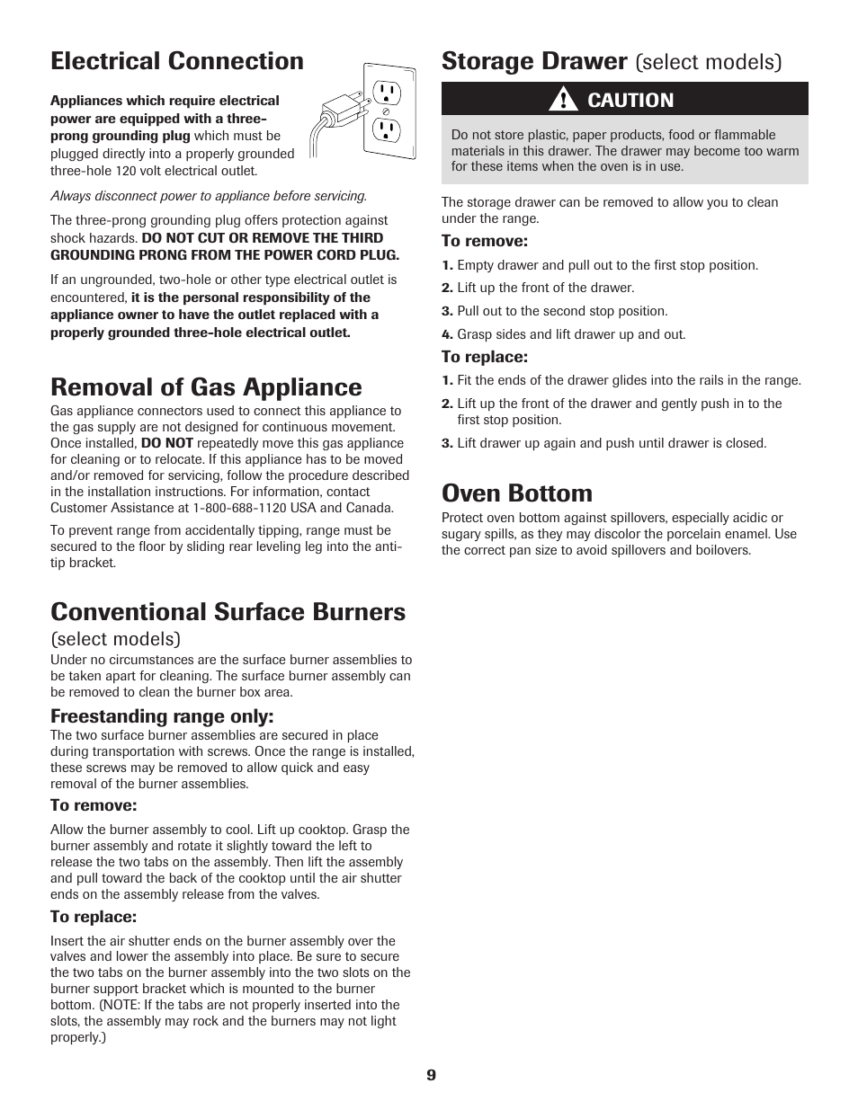 Storage drawer, Oven bottom, Removal of gas appliance | Electrical connection, Conventional surface burners, Select models) | Maytag 8113P560-60 User Manual | Page 10 / 72