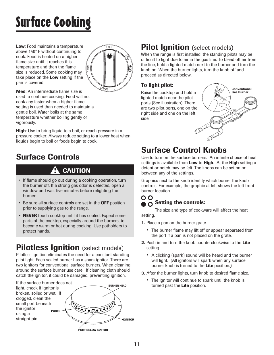 Surface cooking, Surface controls surface control knobs, Pilotless ignition | Pilot ignition, Caution, Select models) | Maytag 8113P560-60 User Manual | Page 12 / 72