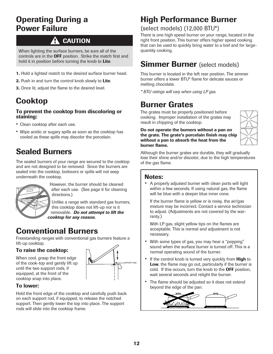 Cooktop, Sealed burners, Burner grates | High performance burner, Simmer burner, Conventional burners, Operating during a power failure | Maytag 8113P560-60 User Manual | Page 13 / 72