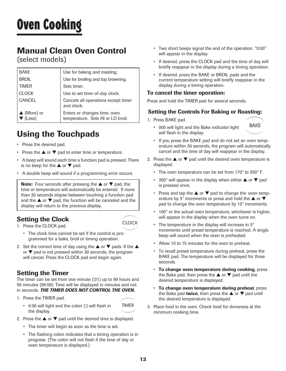 Oven cooking, Manual clean oven control, Using the touchpads | Select models), Setting the clock, Setting the timer | Maytag 8113P560-60 User Manual | Page 14 / 72