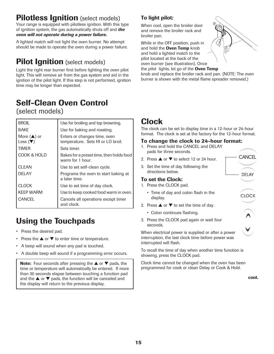 Self-clean oven control, Using the touchpads, Clock | Pilotless ignition, Pilot ignition, Select models) | Maytag 8113P560-60 User Manual | Page 16 / 72