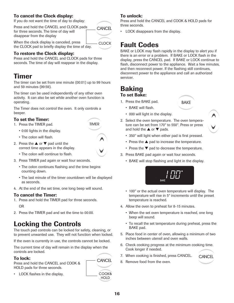 Timer, Locking the controls, Baking | Fault codes | Maytag 8113P560-60 User Manual | Page 17 / 72