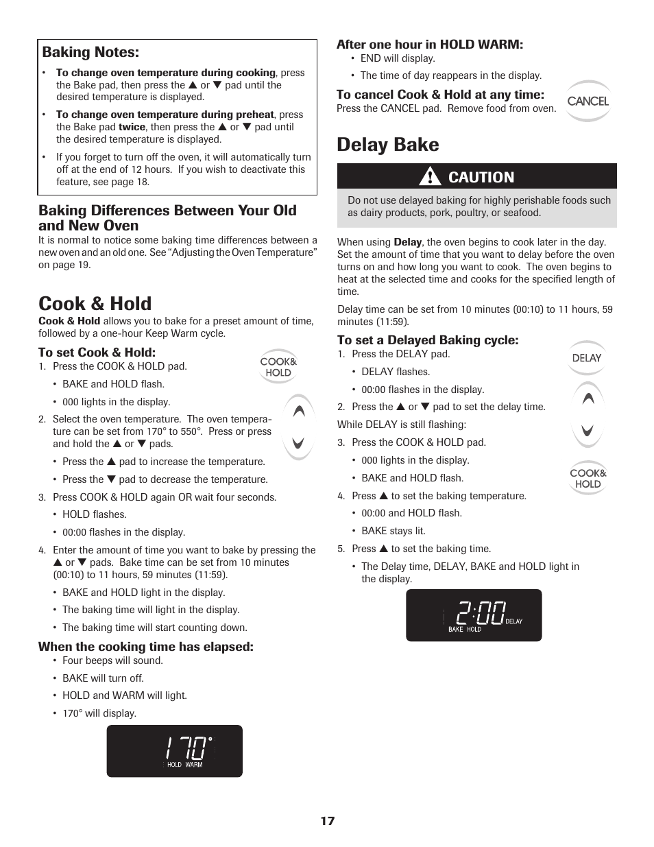Delay bake, Cook & hold, Caution | Baking differences between your old and new oven | Maytag 8113P560-60 User Manual | Page 18 / 72