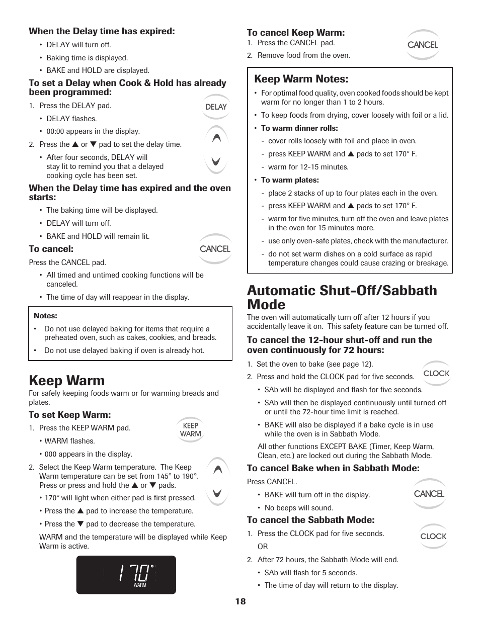 Keep warm, Automatic shut-off/sabbath mode | Maytag 8113P560-60 User Manual | Page 19 / 72
