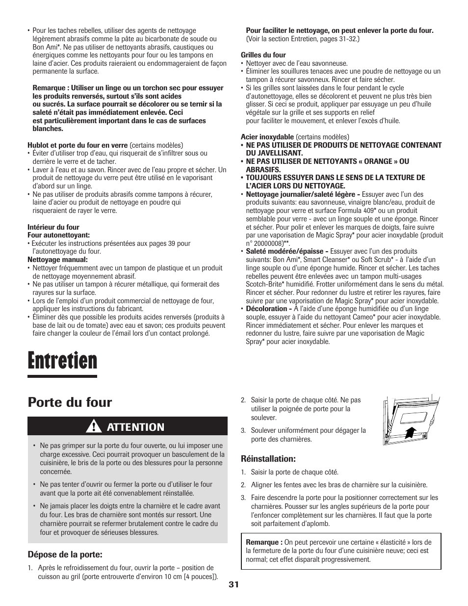 Entretien, Porte du four, Attention | Maytag 8113P560-60 User Manual | Page 32 / 72