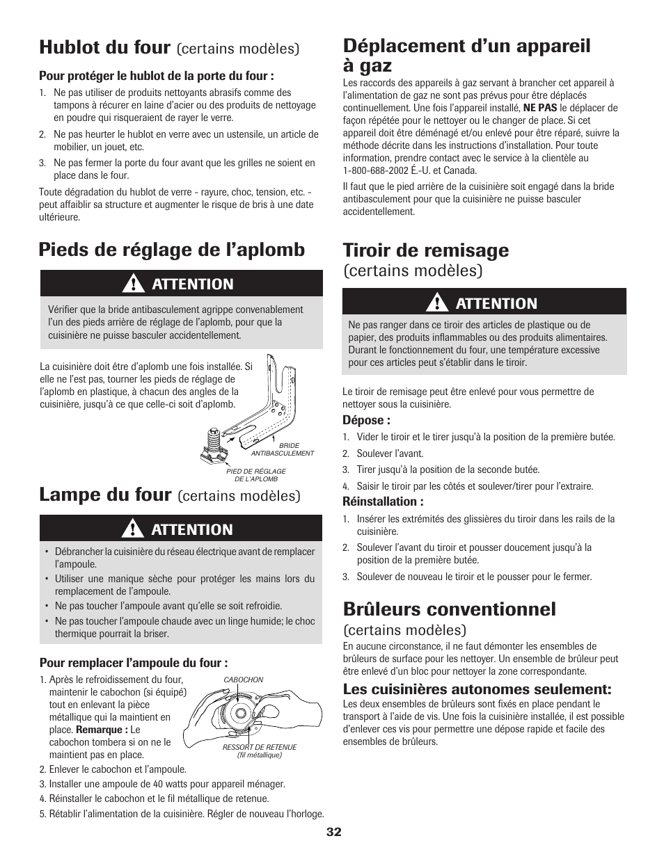 Hublot du four, Pieds de réglage de l’aplomb, Lampe du four | Tiroir de remisage, Déplacement d’un appareil à gaz, Brûleurs conventionnel, Certains modèles), Attention, Certains modèles) attention, Les cuisinières autonomes seulement | Maytag 8113P560-60 User Manual | Page 33 / 72