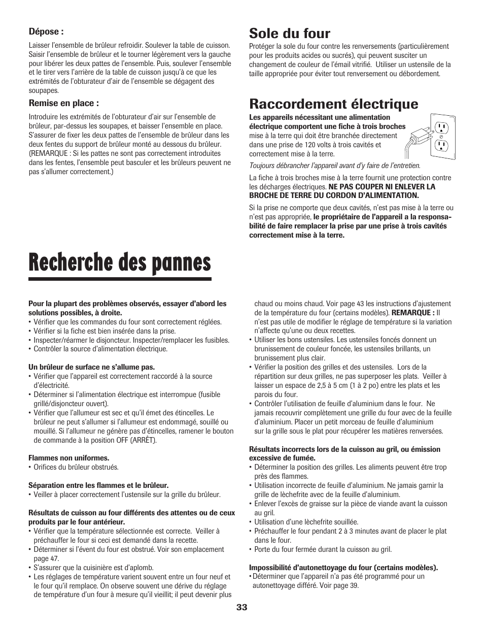 Recherche des pannes, Sole du four, Raccordement électrique | Maytag 8113P560-60 User Manual | Page 34 / 72