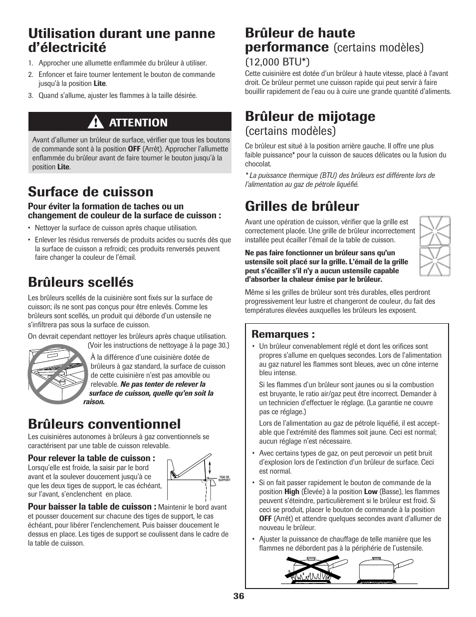 Brûleurs conventionnel, Surface de cuisson, Brûleurs scellés | Brûleur de haute performance, Brûleur de mijotage, Utilisation durant une panne d’électricité, Grilles de brûleur, Certains modèles), Attention, Remarques | Maytag 8113P560-60 User Manual | Page 37 / 72