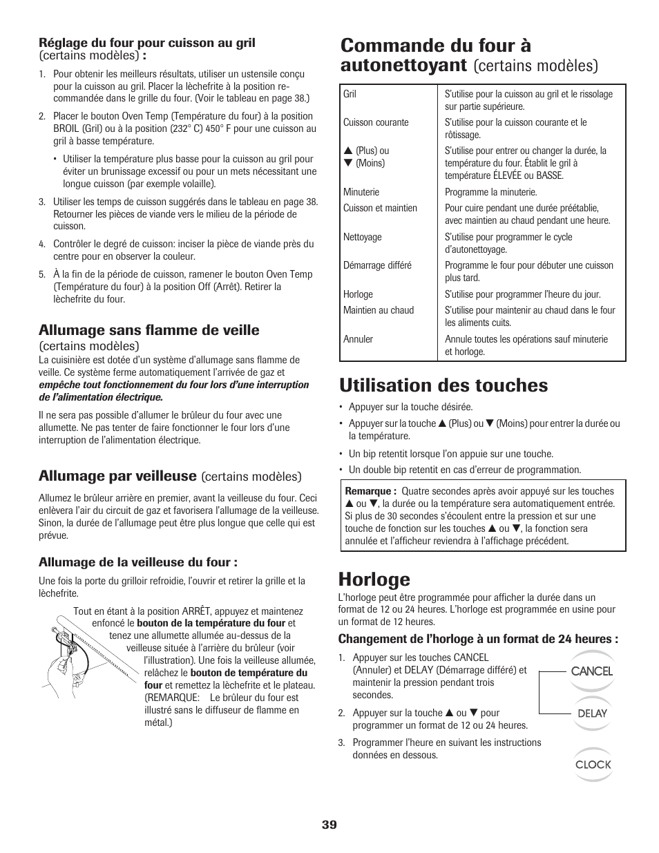 Utilisation des touches, Horloge, Commande du four à autonettoyant | Certains modèles), Allumage sans flamme de veille, Allumage par veilleuse | Maytag 8113P560-60 User Manual | Page 40 / 72