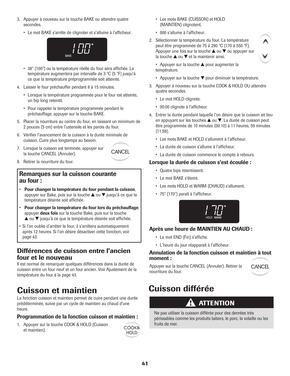 Cuisson différée, Cuisson et maintien, Attention | Remarques sur la cuisson courante au four | Maytag 8113P560-60 User Manual | Page 42 / 72