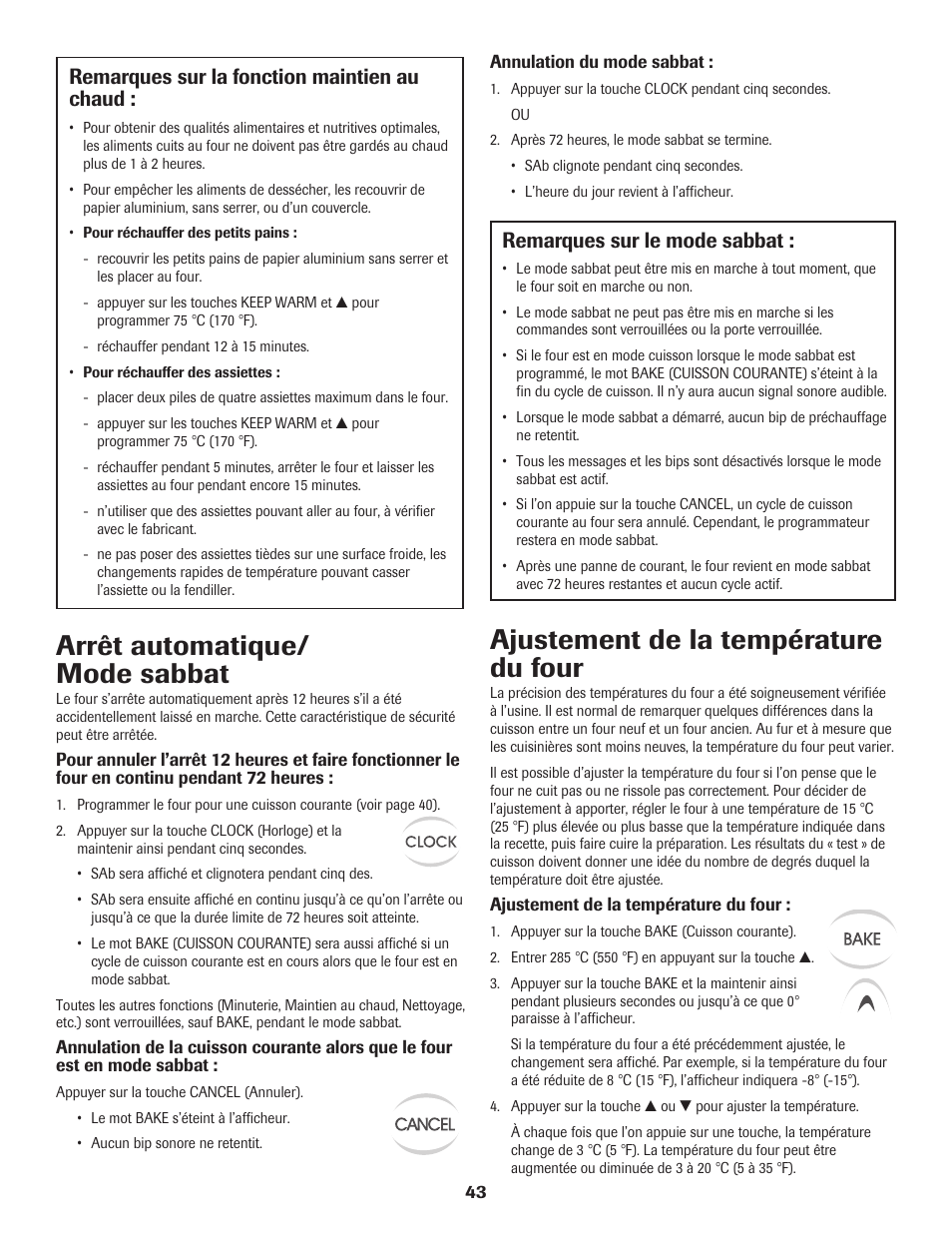 Arrêt automatique/ mode sabbat, Ajustement de la température du four, Remarques sur la fonction maintien au chaud | Remarques sur le mode sabbat | Maytag 8113P560-60 User Manual | Page 44 / 72