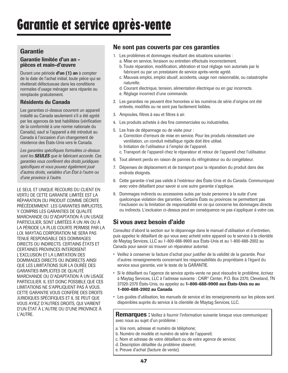 Garantie et service après-vente, Garantie, Ne sont pas couverts par ces garanties | Si vous avez besoin d’aide, Remarques | Maytag 8113P560-60 User Manual | Page 48 / 72