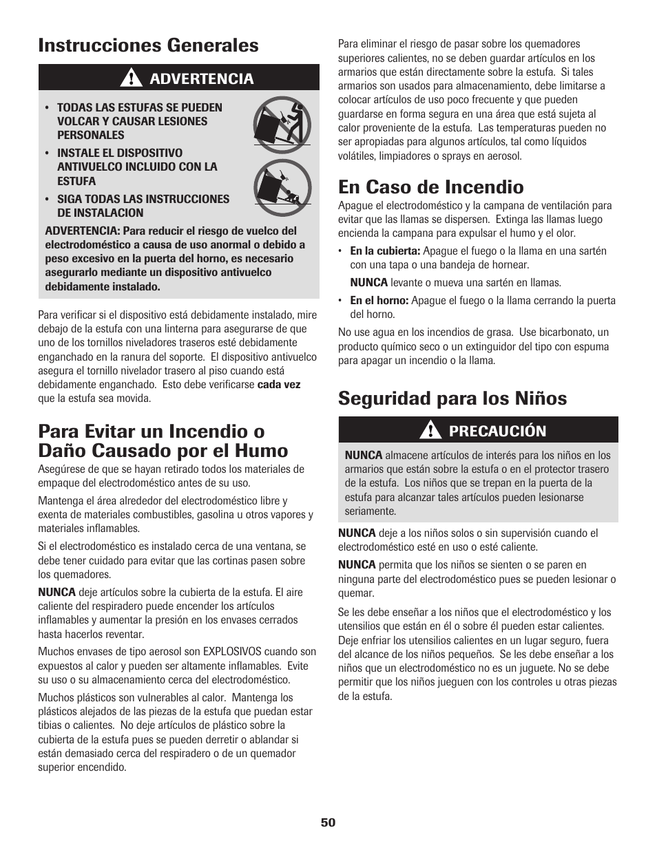 Instrucciones generales, Para evitar un incendio o daño causado por el humo, En caso de incendio | Seguridad para los niños | Maytag 8113P560-60 User Manual | Page 51 / 72