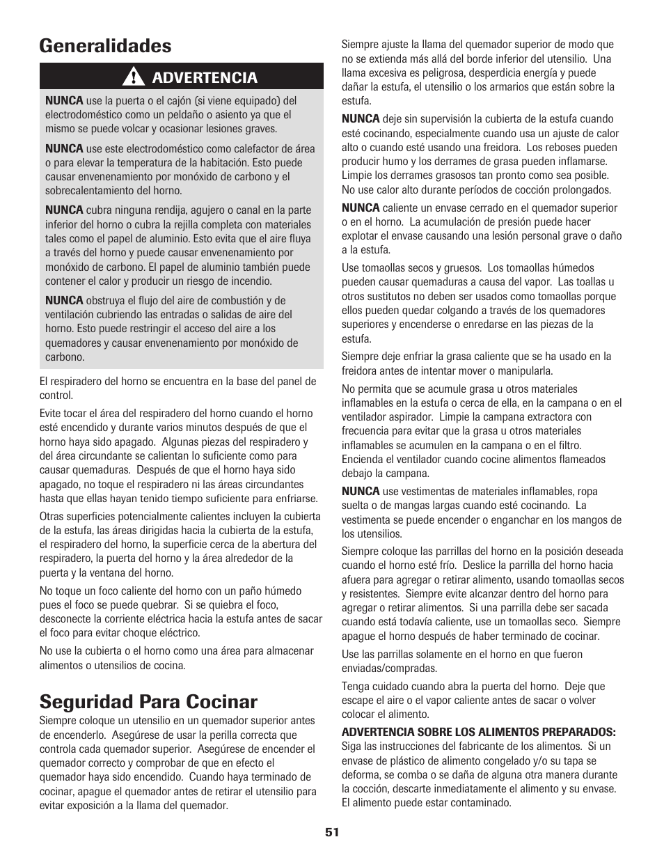 Seguridad para cocinar, Generalidades | Maytag 8113P560-60 User Manual | Page 52 / 72
