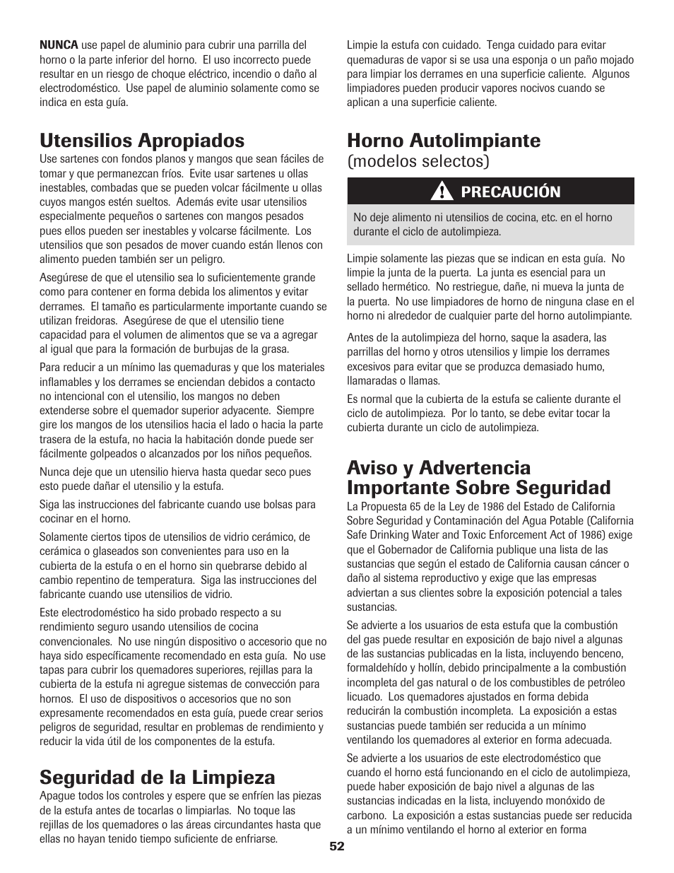 Seguridad de la limpieza, Utensilios apropiados, Aviso y advertencia importante sobre seguridad | Horno autolimpiante, Modelos selectos) | Maytag 8113P560-60 User Manual | Page 53 / 72