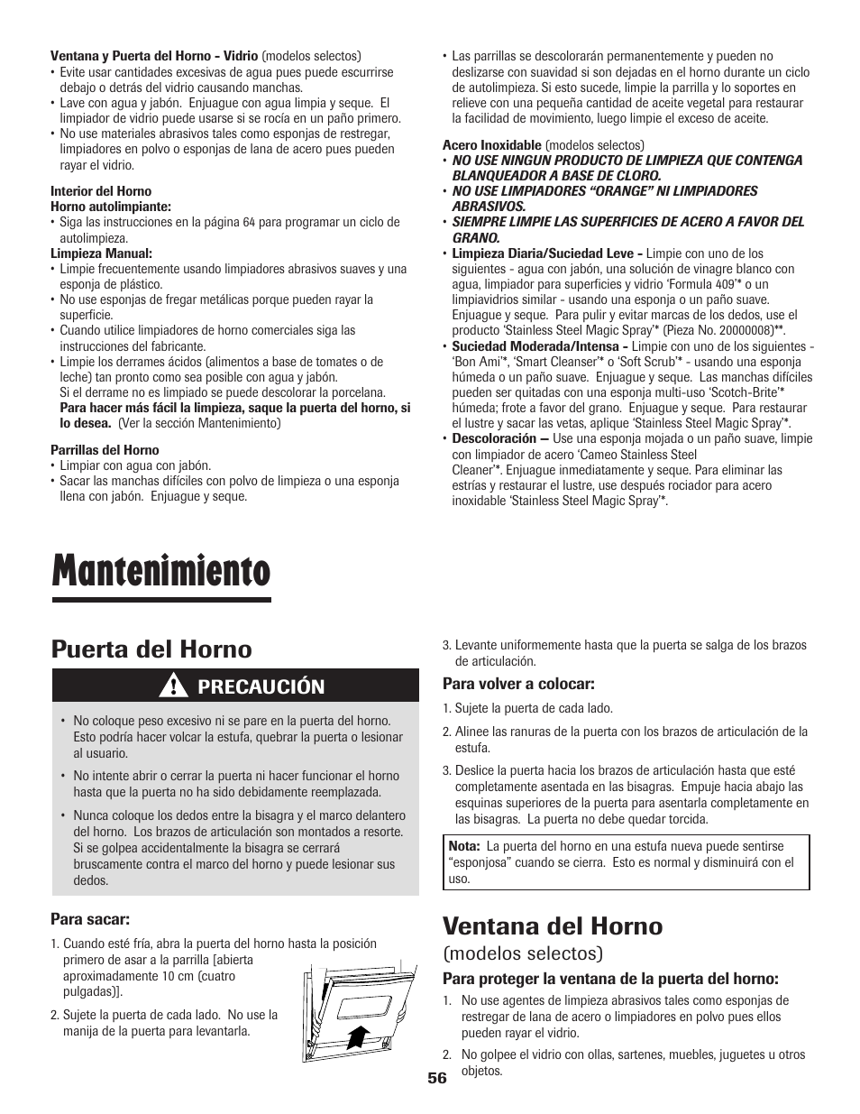 Mantenimiento, Ventana del horno, Puerta del horno | Modelos selectos), Precaución | Maytag 8113P560-60 User Manual | Page 57 / 72