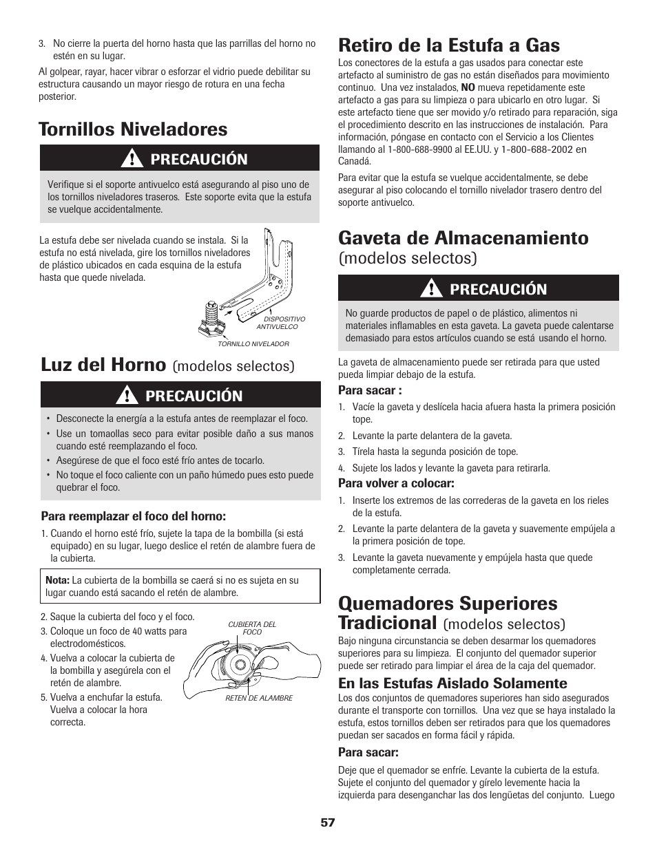 Tornillos niveladores, Luz del horno, Gaveta de almacenamiento | Retiro de la estufa a gas, Quemadores superiores tradicional, Precaución, Modelos selectos), En las estufas aislado solamente | Maytag 8113P560-60 User Manual | Page 58 / 72