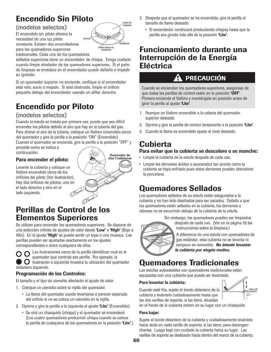Encendido sin piloto, Encendido por piloto, Perillas de control de los elementos superiores | Cubierta, Quemadores tradicionales, Quemadores sellados, Modelos selectos), Precaución | Maytag 8113P560-60 User Manual | Page 61 / 72