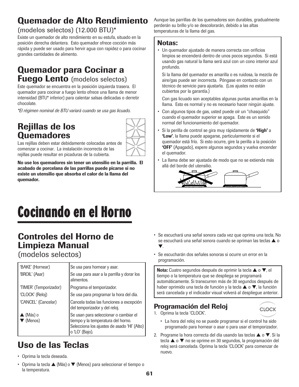 Cocinando en el horno, Quemador de alto rendimiento, Quemador para cocinar a fuego lento | Rejillas de los quemadores, Controles del horno de limpieza manual, Uso de las teclas, Notas, Modelos selectos), Programación del reloj | Maytag 8113P560-60 User Manual | Page 62 / 72