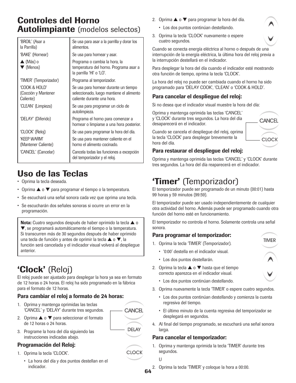 Controles del horno autolimpiante, Clock’ (reloj), Uso de las teclas | Timer’ (temporizador), Modelos selectos) | Maytag 8113P560-60 User Manual | Page 65 / 72