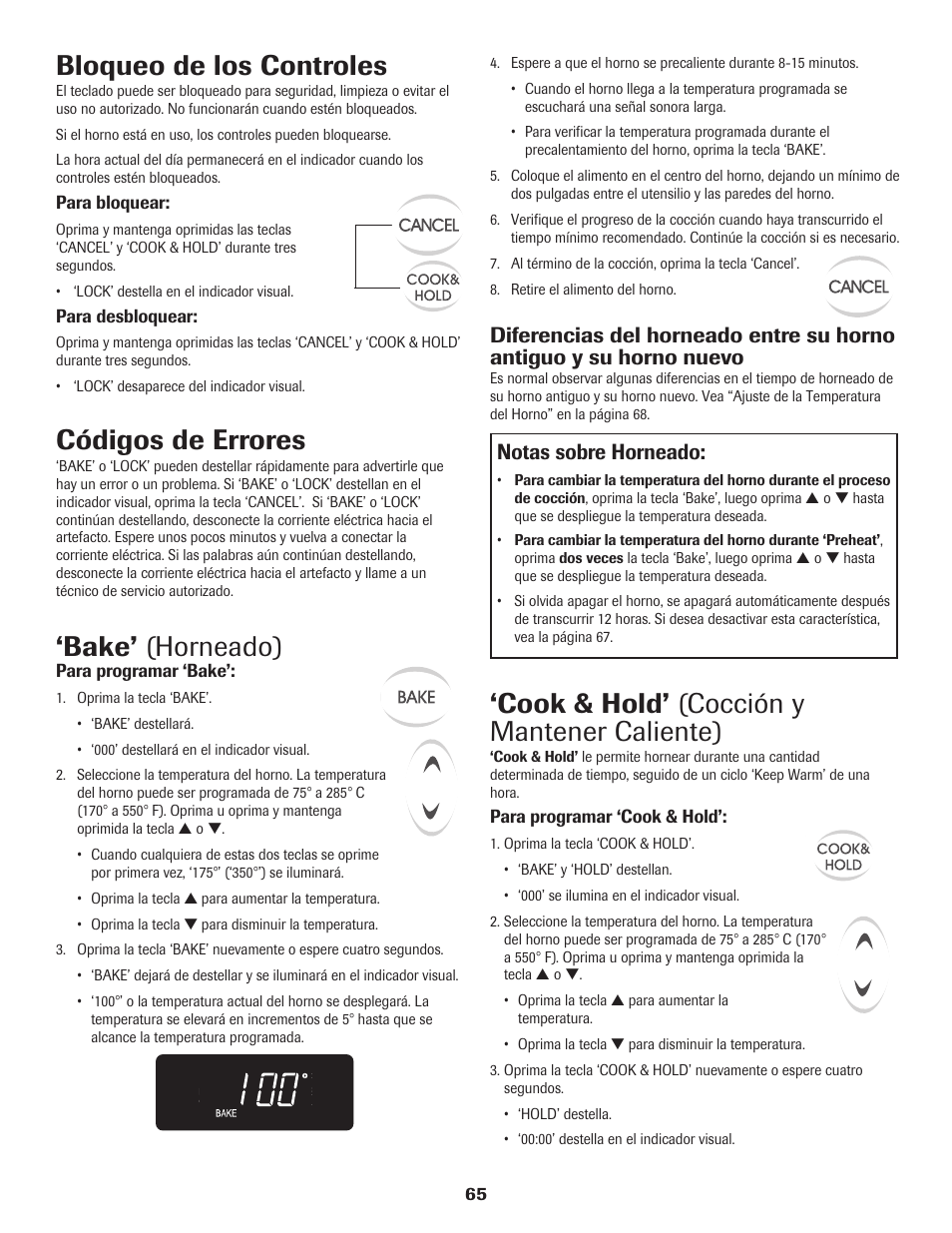 Bloqueo de los controles, Códigos de errores, Bake’ (horneado) | Cook & hold’ (cocción y mantener caliente), Notas sobre horneado | Maytag 8113P560-60 User Manual | Page 66 / 72