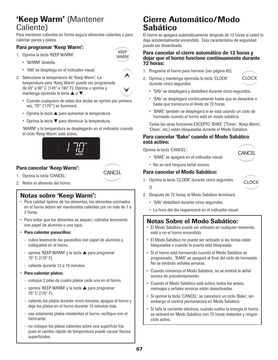 Keep warm’ (mantener caliente), Cierre automático/modo sabático, Notas sobre ‘keep warm | Notas sobre el modo sabático | Maytag 8113P560-60 User Manual | Page 68 / 72