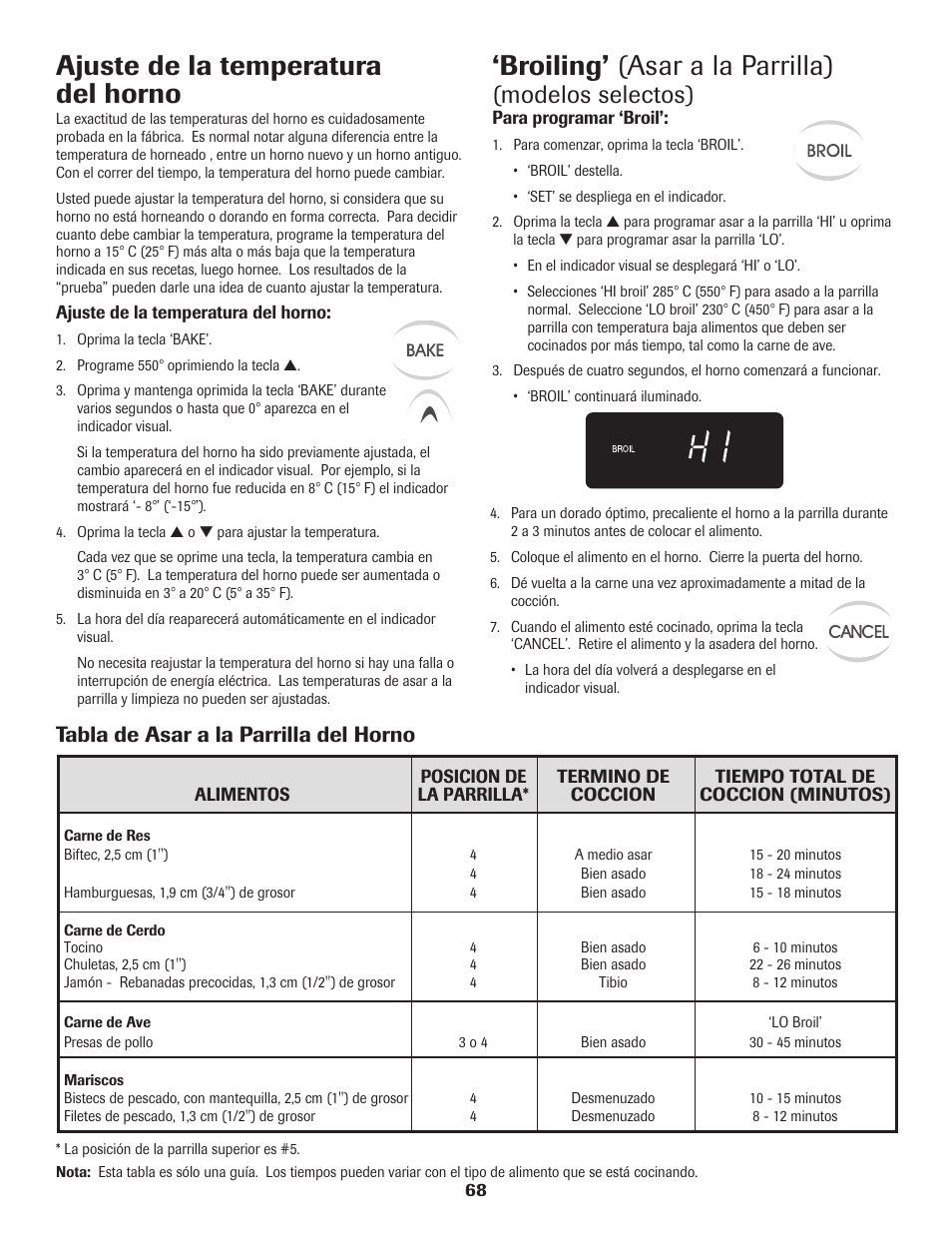 Ajuste de la temperatura del horno, Broiling’ (asar a la parrilla), Modelos selectos) | Tabla de asar a la parrilla del horno | Maytag 8113P560-60 User Manual | Page 69 / 72