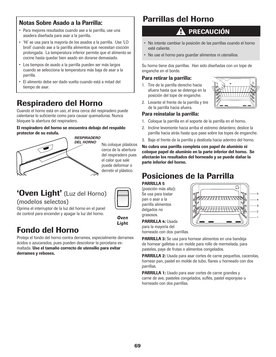 Oven light, Fondo del horno, Respiradero del horno | Parrillas del horno, Posiciones de la parrilla, Notas sobre asado a la parrilla, Luz del horno) (modelos selectos), Precaución | Maytag 8113P560-60 User Manual | Page 70 / 72