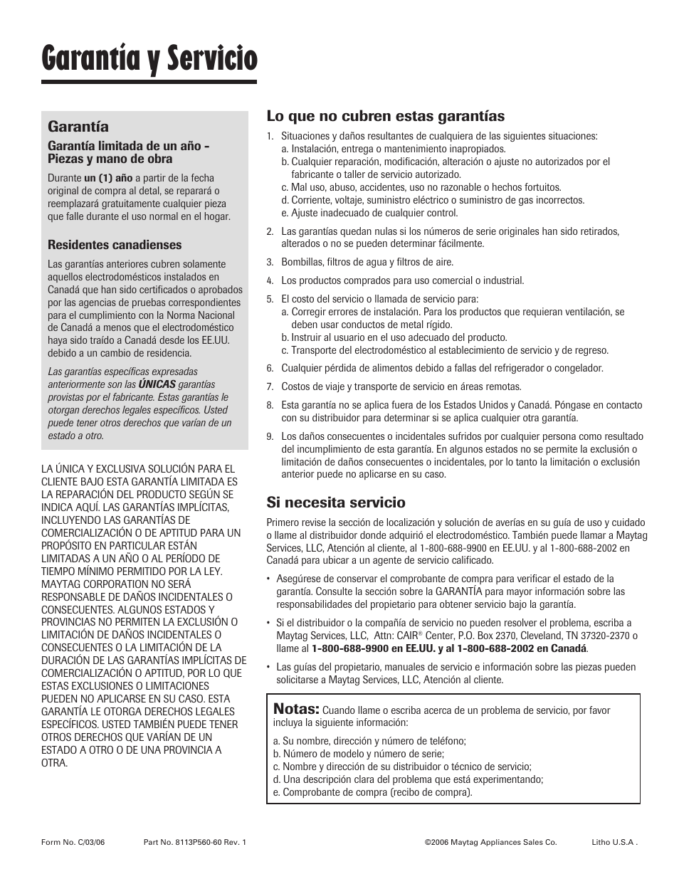 Garantía y servicio, Garantía, Lo que no cubren estas garantías | Si necesita servicio, Notas | Maytag 8113P560-60 User Manual | Page 72 / 72