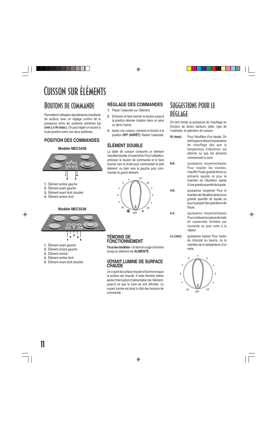 Cuisson sur éléments, Boutons de commande, Suggestions pour le réglage | Maytag ELECTRIC COOKSTOP User Manual | Page 12 / 24