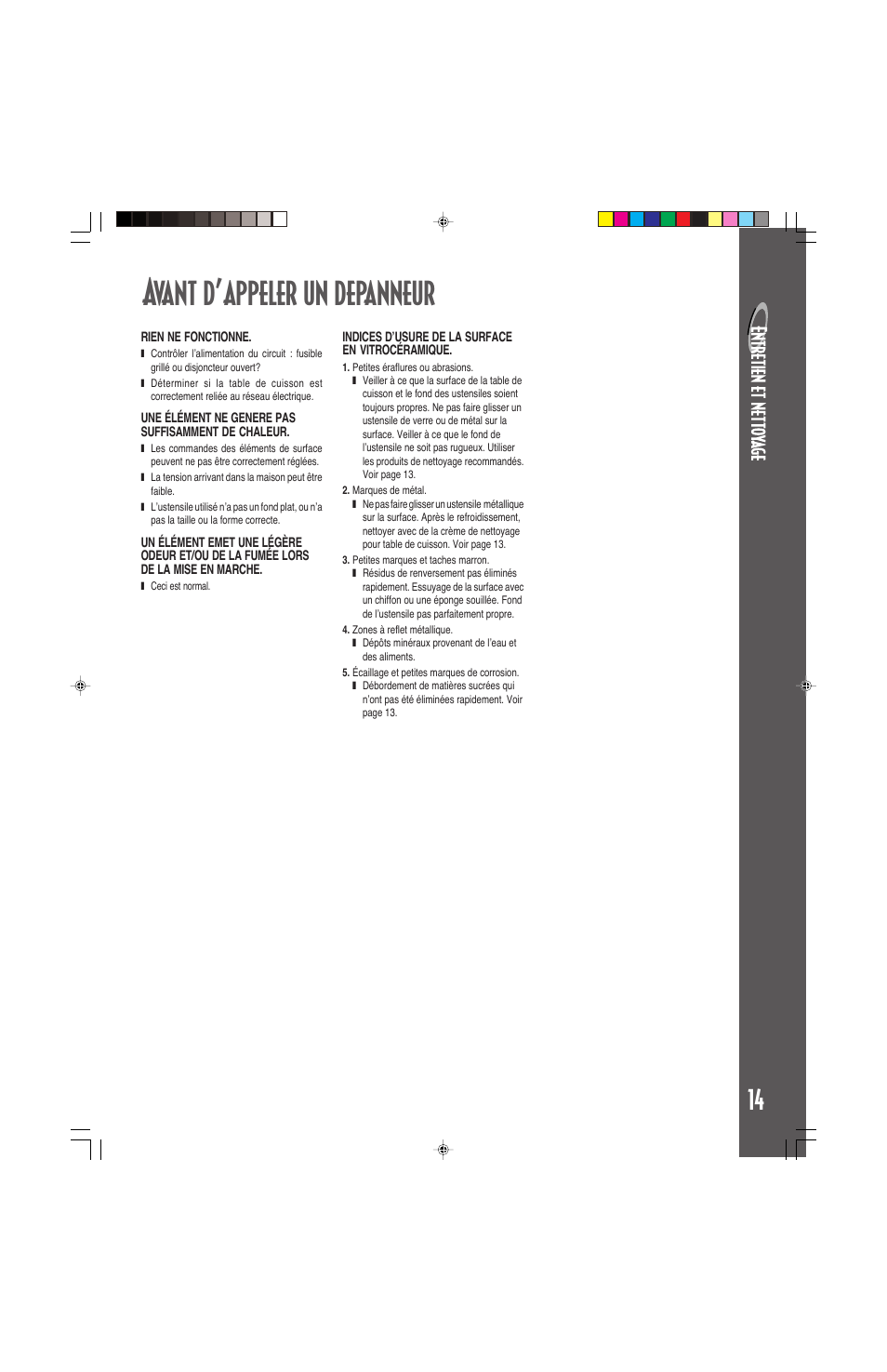 Avant d’appeler un depanneur | Maytag ELECTRIC COOKSTOP User Manual | Page 15 / 24