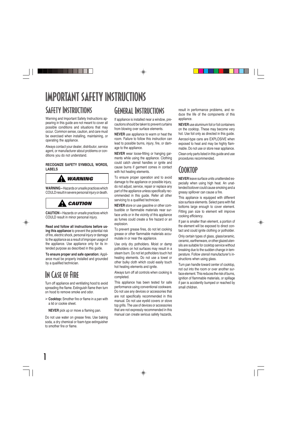 Important safety instructions, General instructions 1 cooktop, Safety instructions | Maytag ELECTRIC COOKSTOP User Manual | Page 2 / 24