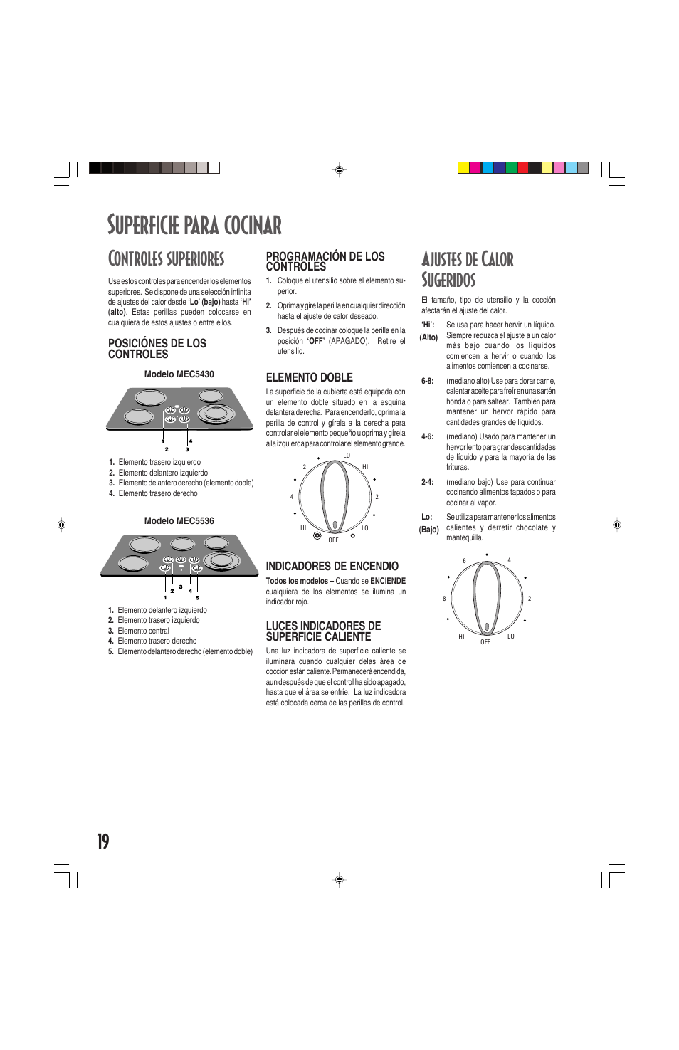 Superficie para cocinar, Controles superiores, Ajustes de calor sugeridos | Maytag ELECTRIC COOKSTOP User Manual | Page 20 / 24