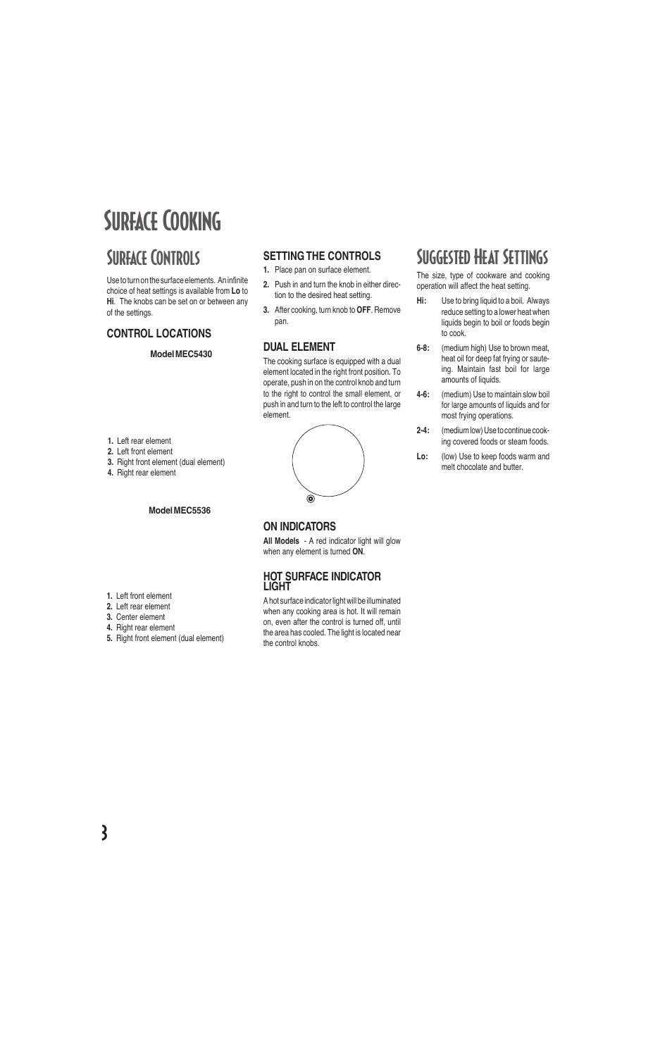 Surface cooking, 3surface controls, Suggested heat settings | Maytag ELECTRIC COOKSTOP User Manual | Page 4 / 24