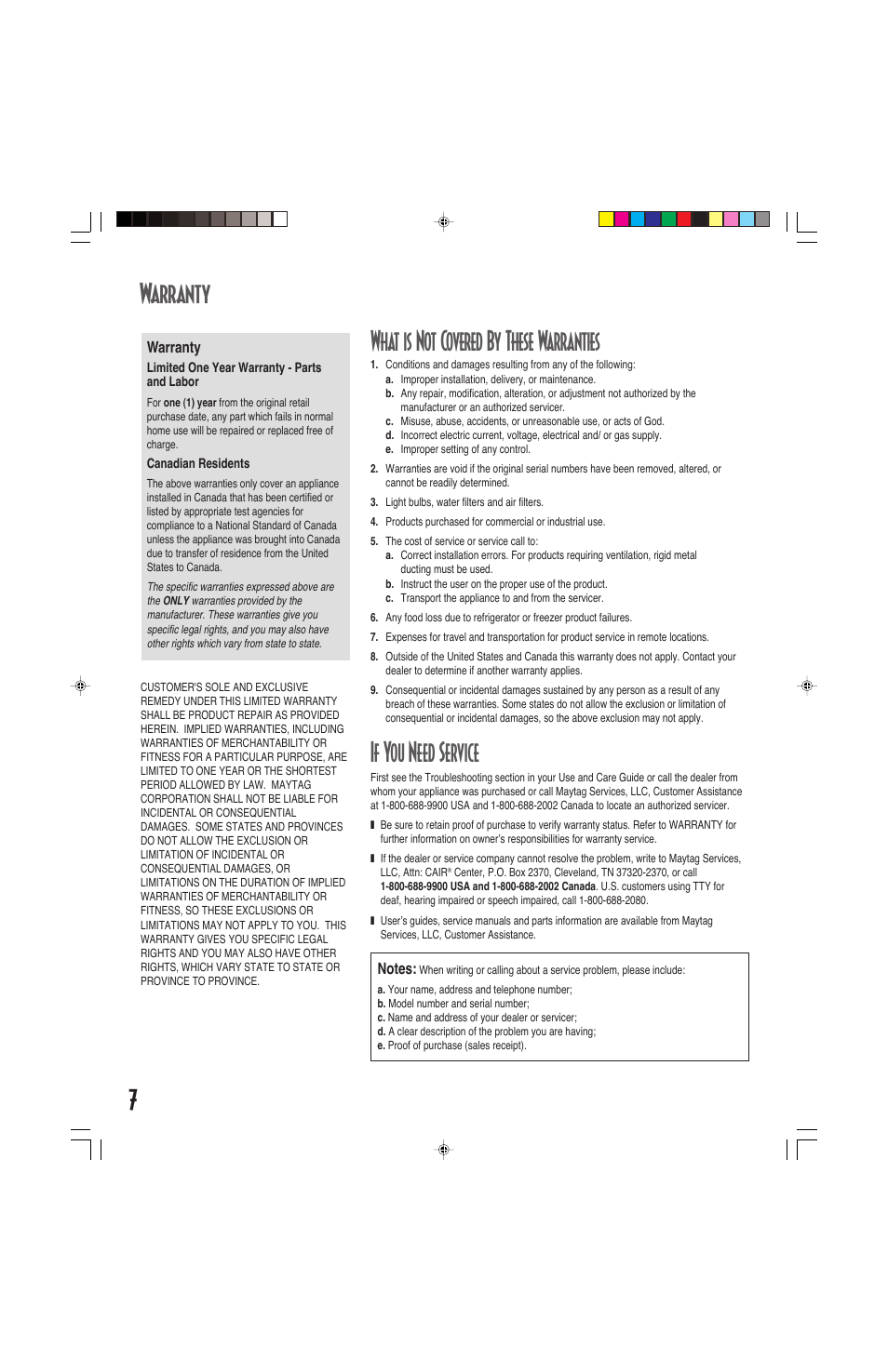 Warranty 7, What is not covered by these warranties, If you need service | Maytag ELECTRIC COOKSTOP User Manual | Page 8 / 24