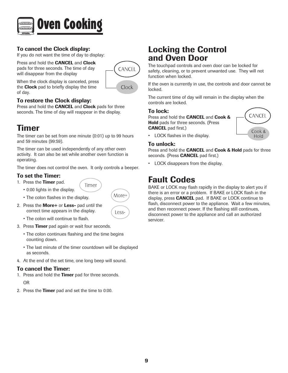 Oven cooking, Timer, Locking the control and oven door | Fault codes | Maytag PER5750QAW User Manual | Page 10 / 80