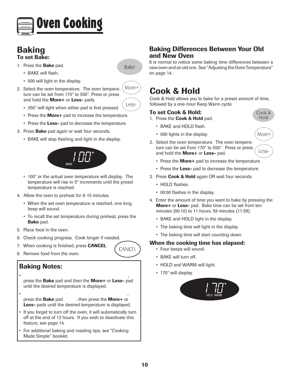 Oven cooking, Baking, Cook & hold | Baking differences between your old and new oven | Maytag PER5750QAW User Manual | Page 11 / 80