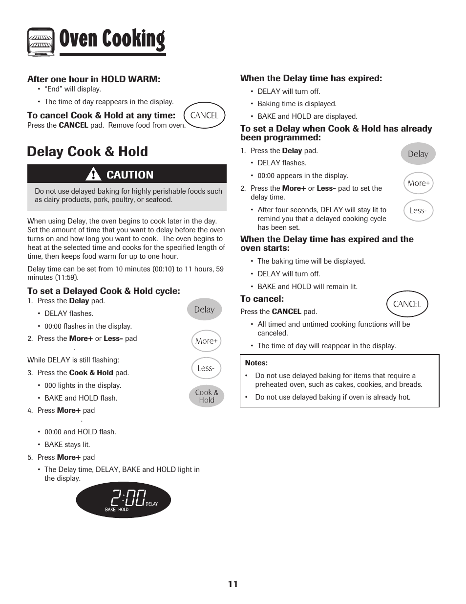 Oven cooking, Delay cook & hold, Caution | Maytag PER5750QAW User Manual | Page 12 / 80