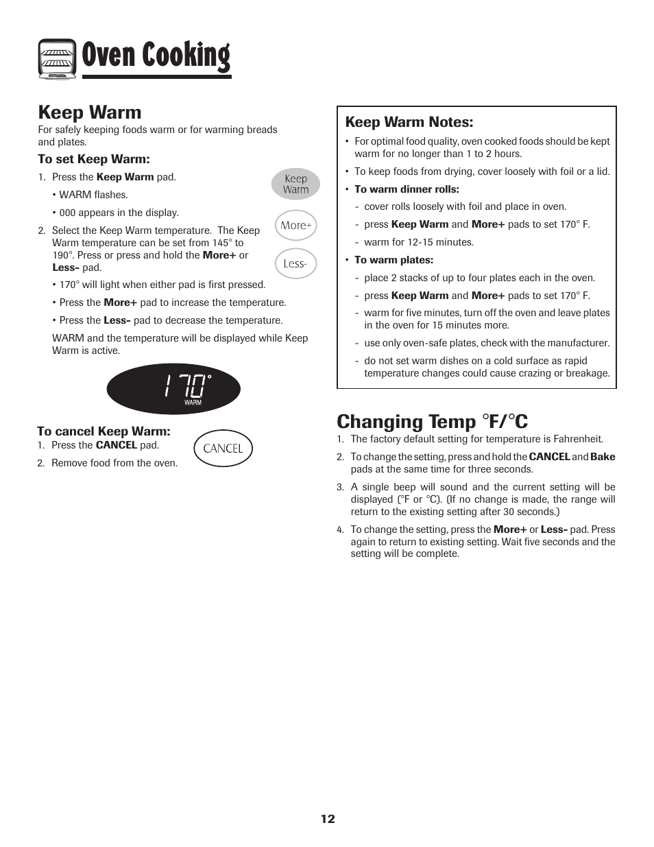 Oven cooking, Keep warm, Changing temp | Maytag PER5750QAW User Manual | Page 13 / 80