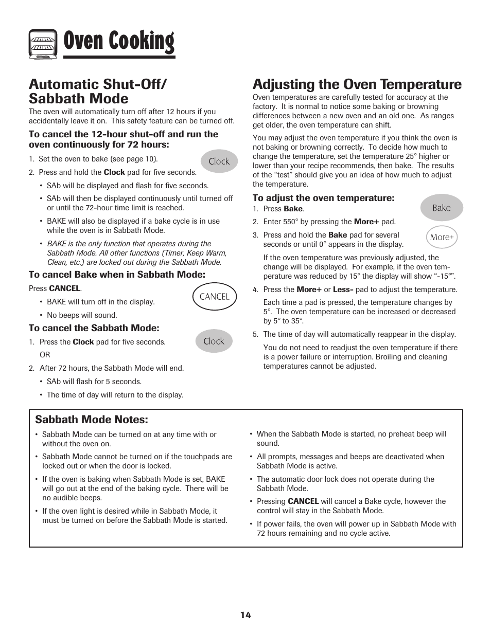 Oven cooking, Automatic shut-off/ sabbath mode, Adjusting the oven temperature | Maytag PER5750QAW User Manual | Page 15 / 80