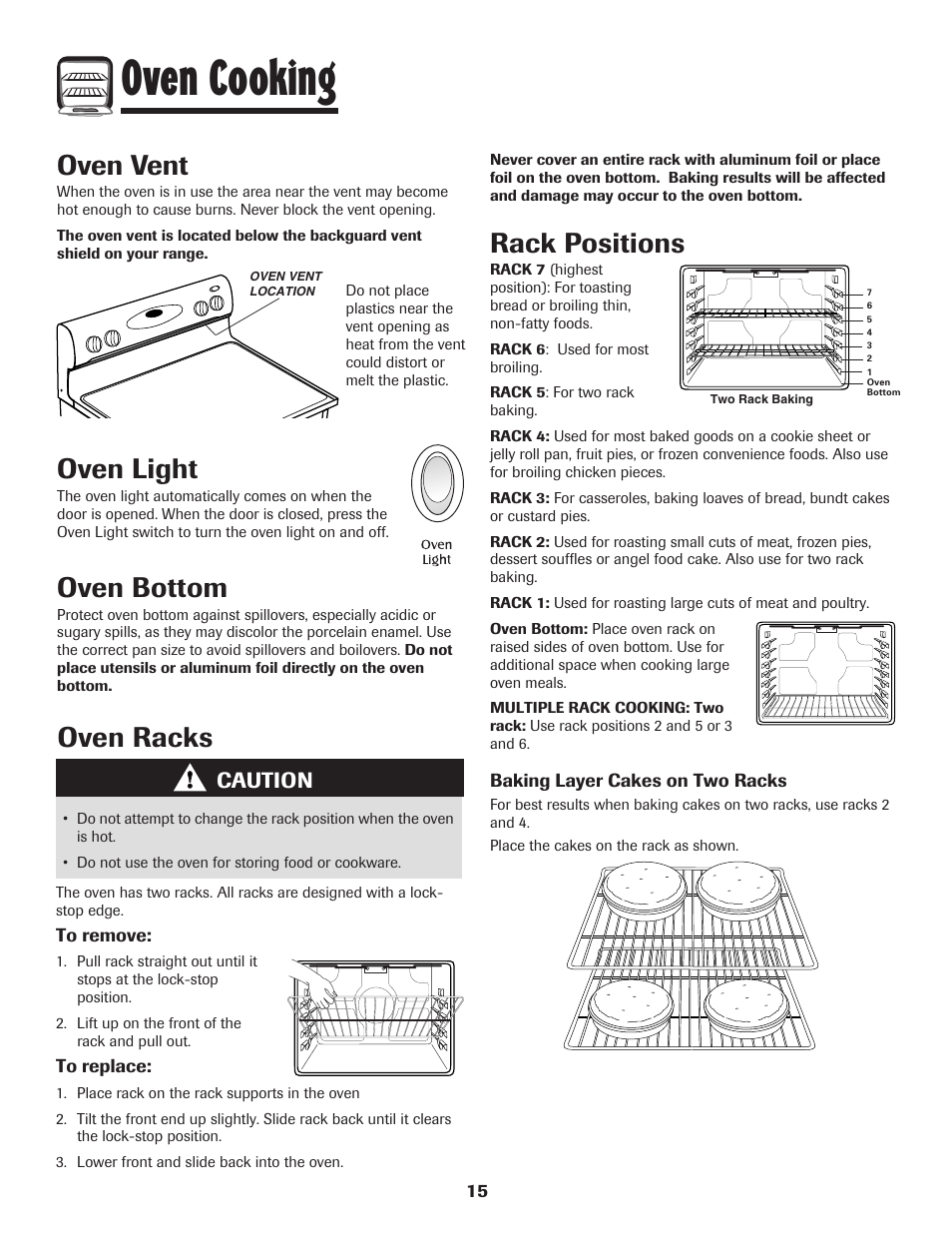 Oven cooking, Oven light, Oven bottom | Oven vent, Oven racks, Rack positions, Caution | Maytag PER5750QAW User Manual | Page 16 / 80