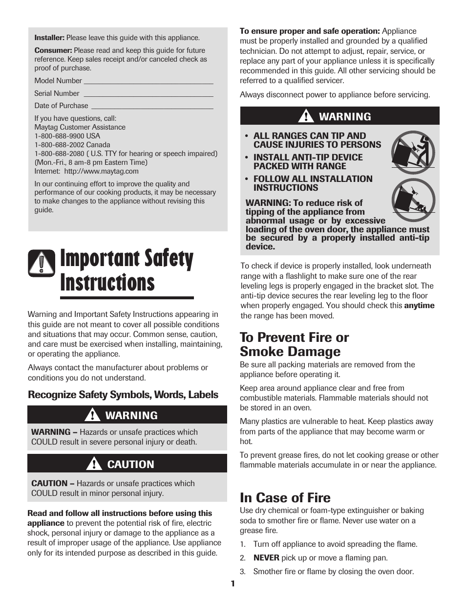 Important safety instructions | Maytag PER5750QAW User Manual | Page 2 / 80