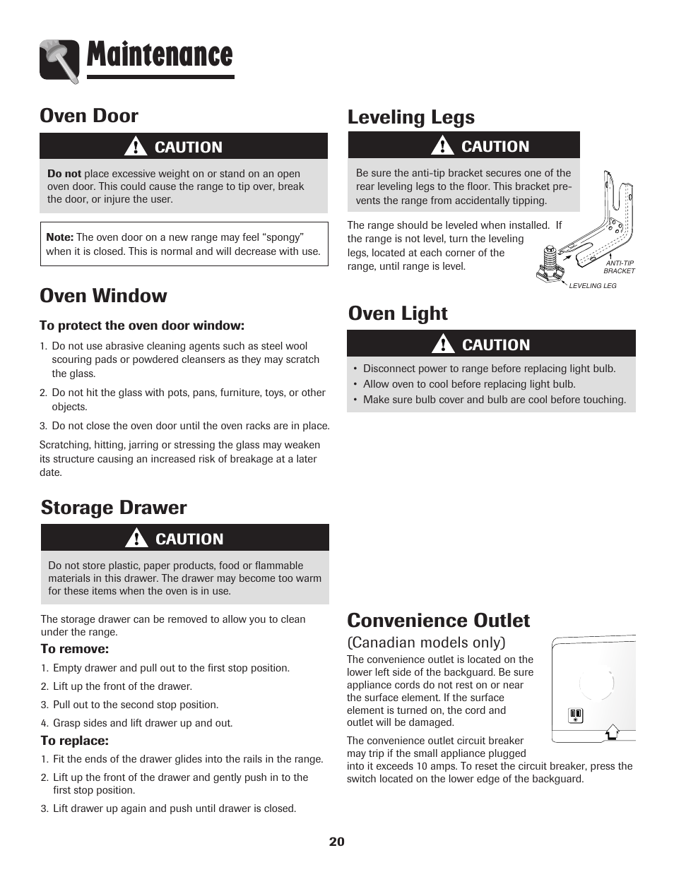 Maintenance, Oven door, Oven window | Leveling legs, Oven light, Storage drawer, Convenience outlet | Maytag PER5750QAW User Manual | Page 21 / 80