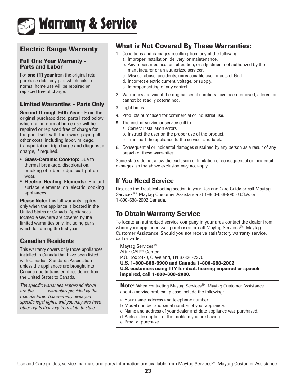 Warranty & service, Electric range warranty, What is not covered by these warranties | If you need service | Maytag PER5750QAW User Manual | Page 24 / 80