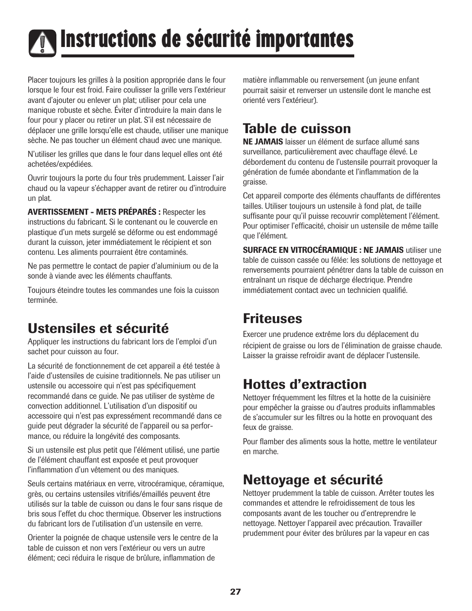 Instructions de sécurité importantes, Ustensiles et sécurité, Table de cuisson | Friteuses, Hottes d’extraction, Nettoyage et sécurité | Maytag PER5750QAW User Manual | Page 28 / 80