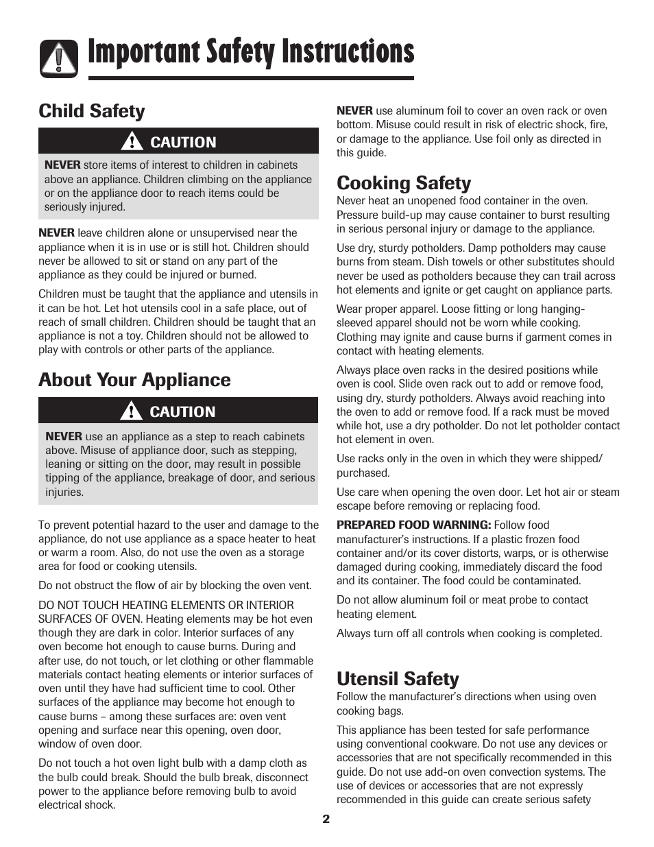 Important safety instructions, About your appliance, Cooking safety | Child safety utensil safety | Maytag PER5750QAW User Manual | Page 3 / 80