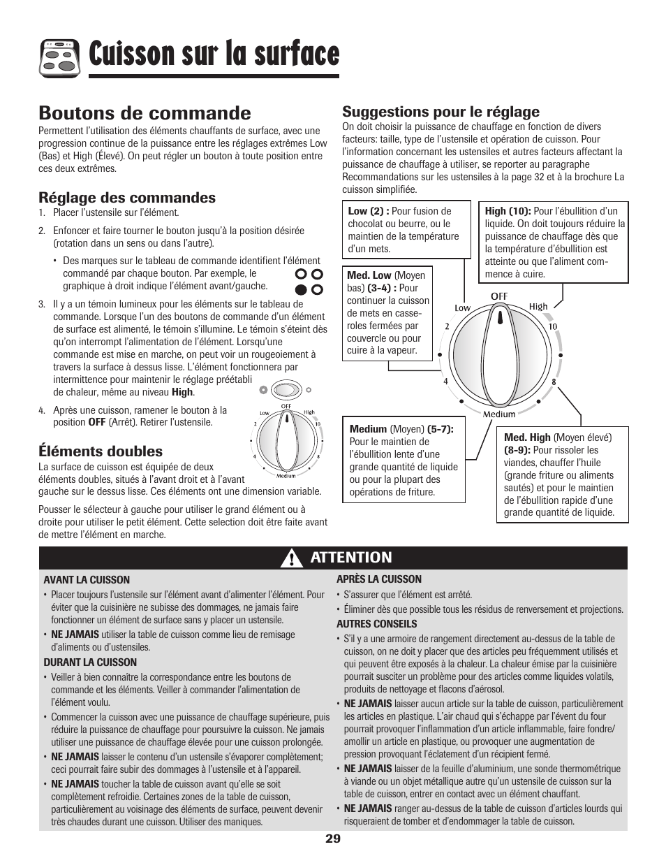 Cuisson sur la surface, Boutons de commande, Réglage des commandes | Éléments doubles, Suggestions pour le réglage, Attention | Maytag PER5750QAW User Manual | Page 30 / 80