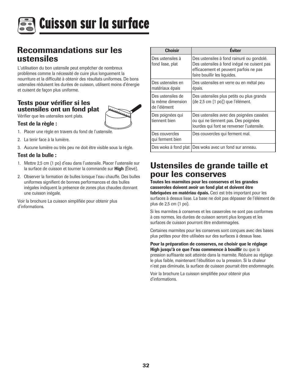 Cuisson sur la surface, Recommandations sur les ustensiles, Ustensiles de grande taille et pour les conserves | Maytag PER5750QAW User Manual | Page 33 / 80